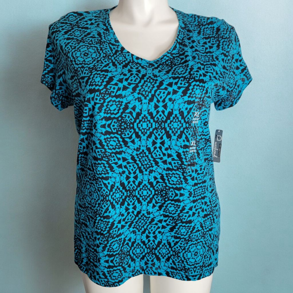 New Directions Weekend Blue Black Pattern Short Sleeve Tee XL